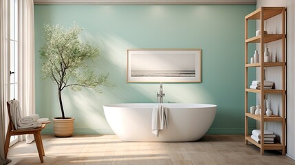 Bathroom: The walls are coated in a soothing shade of seafoam green