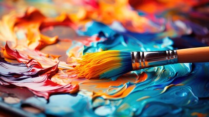 Obraz premium Close-up of a paintbrush on a palette with vibrant colors, art and creativity concept.
