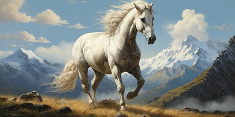 Obraz na płótnie Canvas A Horse Standing Tall Against a Dramatic Mountain Backdrop - Exuding Strength and Protection - Capturing the Regal Presence of a Steadfast Protector Generative AI Digital Illustration