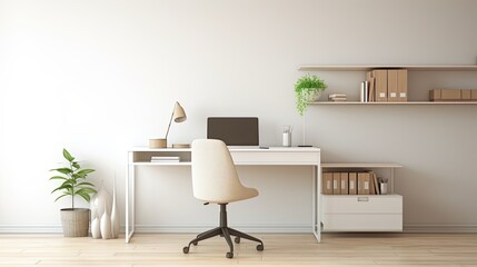 Minimalist office workspace with a minimalist desk, ergonomic chair, and organized storage, generative ai