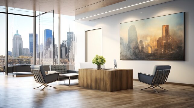 Minimalist office reception area with contemporary seating, a reception desk, and modern artwork, generative ai
