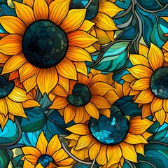 Seamless stained glass sunflorwer pattern, created with generative AI technology