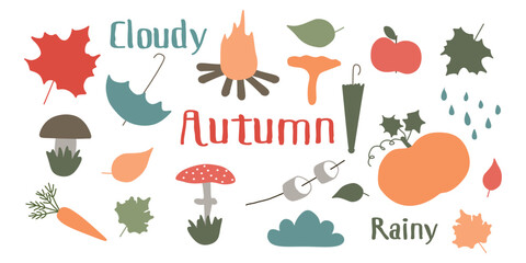 Set of Autumn vector illustrations. Warm pastel Cartoon collection of desing elements. Seasonal clipart with Autumn leaves, mushrooms, umbrella, pumpkin, marshmallow, bonfire, lettering, harvest.