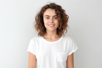 Medium shot portrait photography of a satisfied girl in her 30s wearing a casual short-sleeve shirt against a white background. With generative AI technology