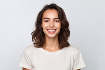 Medium shot portrait photography of a satisfied girl in her 30s wearing a casual short-sleeve shirt against a white background. With generative AI technology