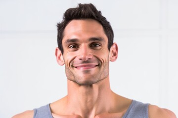 Obraz premium Close-up portrait photography of a satisfied boy in his 30s in underwear against a white background. With generative AI technology