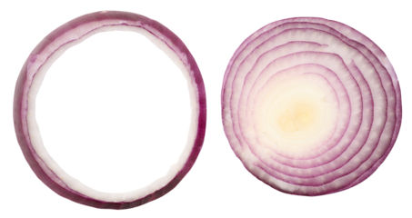 Sliced red onion rings, vegetable isolated on white background, set