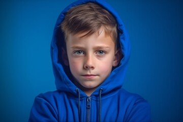Medium shot portrait photography of a tender kid male wearing a comfortable tracksuit against a royal blue background. With generative AI technology