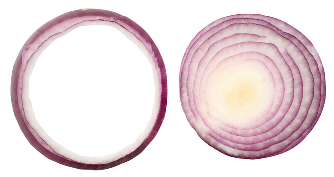 Sliced red onion rings, vegetable isolated on white background, set