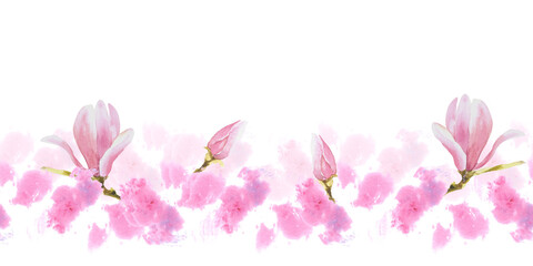 Flower Seamless border pattern. Hand painted illustration of purple Magnolia.Isolated white background with pink watercolor stains.Horizontal repeating border, banner, wallpaper, wrapping paper.
