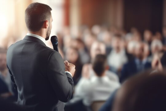 Back view of Man in business suit giving a speech on the stage in front of the audience.