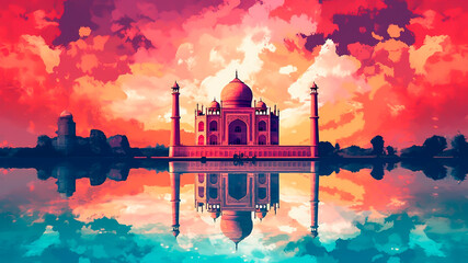 Illustration of Taj Mahal in Agra, Uttar Pradesh, India. Digital watercolor painting. - obrazy, fototapety, plakaty
