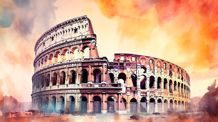Illustration of Colosseum in Rome, Italy. Digital watercolor painting. - obrazy, fototapety, plakaty