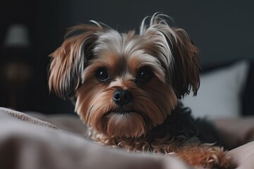 Adorable Dog Relaxing on Bed in Cozy Bedroom with Copy Space. Pet and Home Interior Concept