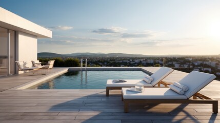 Minimalist rooftop pool with a sun deck, lounge chairs, and breathtaking views, generative ai