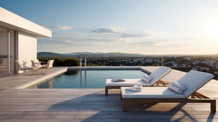 Fototapeta premium Minimalist rooftop pool with a sun deck, lounge chairs, and breathtaking views, generative ai