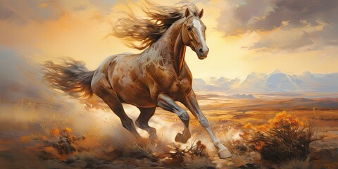 Fototapeta na wymiar A Horse Galloping Freely Across a Sun-Kissed Prairie - Embracing Strength and Freedom - Capturing the Untamed Essence of a Horse's Majestic Journey Generative AI Digital Illustration