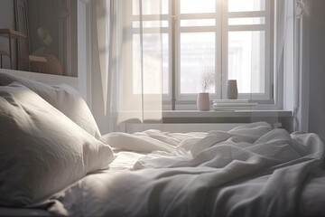 Realistic close up of a tidy, pleasant light grey bedding set with pillows and cushions by a window with softly blowing sheer curtains and morning sunlight. Cotton, material, and stuff. Generative AI