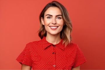 Medium shot portrait photography of a glad girl in her 30s wearing a casual short-sleeve shirt against a red background. With generative AI technology
