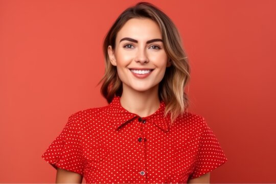 Medium shot portrait photography of a glad girl in her 30s wearing a casual short-sleeve shirt against a red background. With generative AI technology