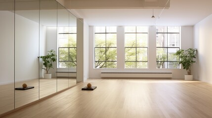 Minimalist yoga studio with a wooden floor, mirrored walls, and natural lighting, generative ai