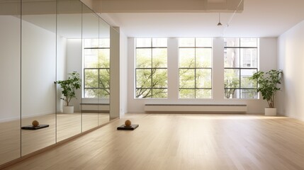Fototapeta premium Minimalist yoga studio with a wooden floor, mirrored walls, and natural lighting, generative ai