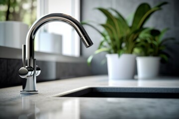Fototapeta na wymiar Close-up of a kitchen faucet. Modern kitchen interior design concept. AI generated, human enhanced