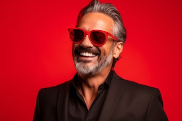 Obraz premium Close-up portrait photography of a happy mature man wearing a trendy sunglasses against a red background. With generative AI technology