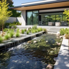 Water elements seamlessly integrated into a contemporary landscape design, generative ai