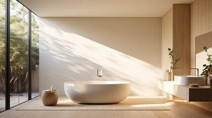 Naklejka na ściany i meble Serene and minimalist bathroom with a freestanding bathtub, large windows, and soft lighting, generative ai
