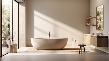 Naklejka na ściany i meble Serene and minimalist bathroom with a freestanding bathtub, large windows, and soft lighting, generative ai