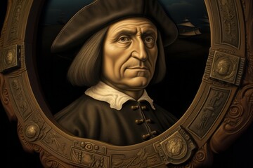 Portrait of Christopher Columbus in the style of classical artists painting. The concept of Columbus day and the discovery of America. - obrazy, fototapety, plakaty