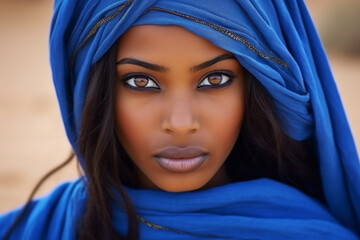 Tuareg woman in authentic national blue dress. Background with selective focus. AI generated, human enhanced - obrazy, fototapety, plakaty