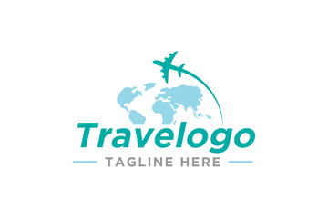 Fototapeta premium Travel logo design concept airplane flight and world map vector illustration