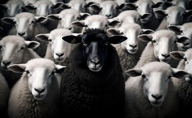 A black sheep surround with normal white sheep metaphor to be outstanding or unique. Generative AI.