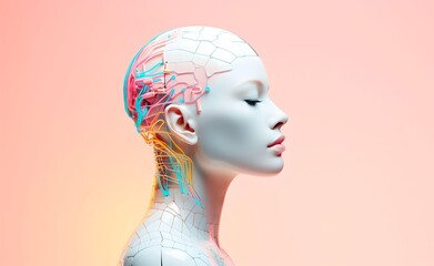 ChatGPT Concept. A humanoid with the face of a human and the brain of an AI. Pastel Background. Generative AI.