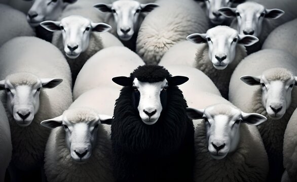 A black sheep surround with normal white sheep metaphor to be outstanding or unique. Generative AI.