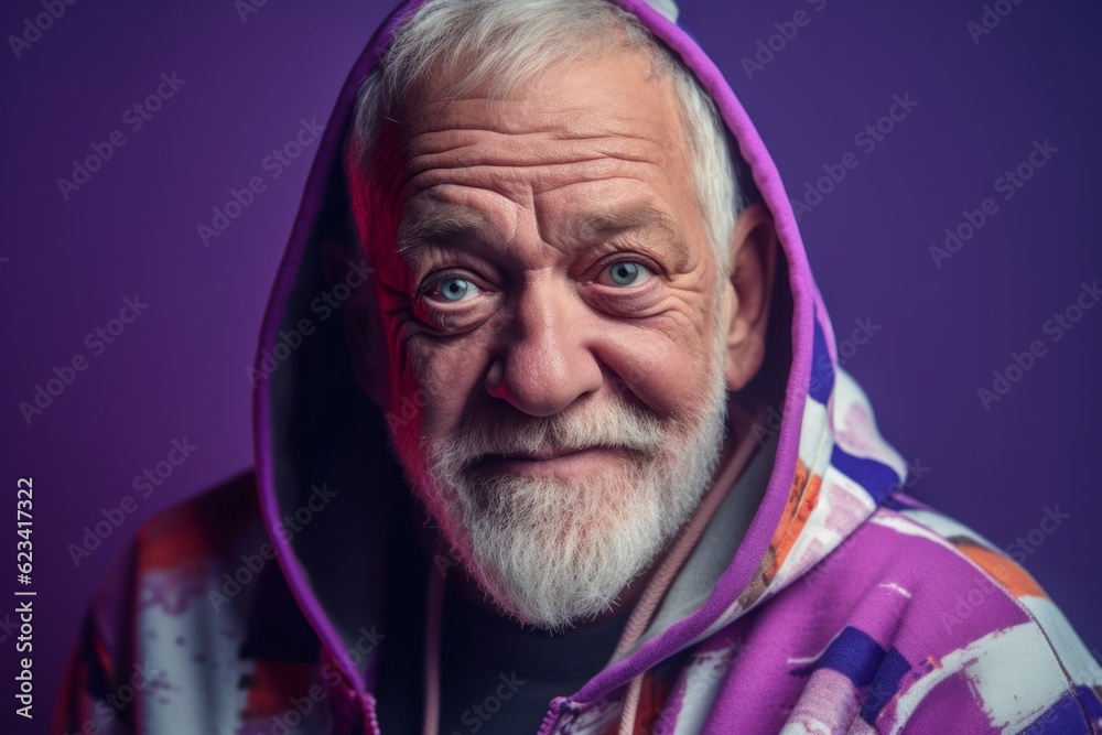 Canvas Prints Close-up portrait photography of a glad old man wearing a stylish hoodie against a vibrant purple background. With generative AI technology