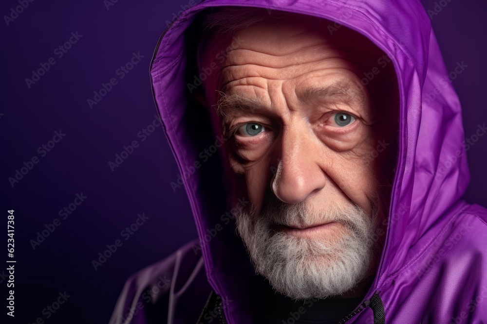 Wall mural Close-up portrait photography of a glad old man wearing a stylish hoodie against a vibrant purple background. With generative AI technology