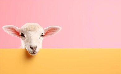 Creative Animal Concept. Sheep peeking over pastel bright background. Generative AI.