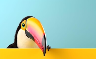Fototapeta premium Creative Animal Concept. Tucan peeking over pastel bright background. Generative AI.