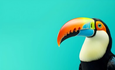 Naklejka premium Creative Animal Concept. Tucan peeking over pastel bright background. Generative AI.