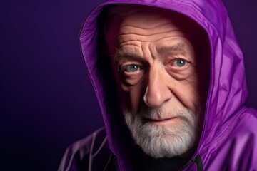 Close-up portrait photography of a glad old man wearing a stylish hoodie against a vibrant purple background. With generative AI technology