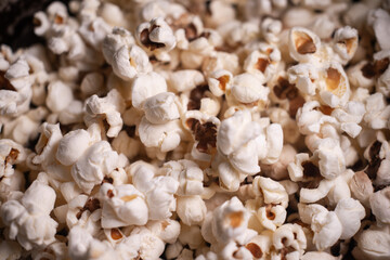 Close up of Puffed light golden popcorns