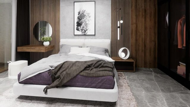 Modern bedroom design, bedroom interior design 3D animation.