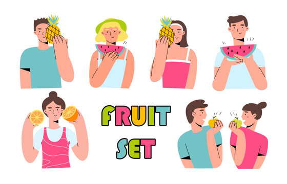 This illustration depicts women and men holding a apple,a pineapple,a orange and a watermelon. The fruits symbolizes the refreshing, sweet delights of the summer season.