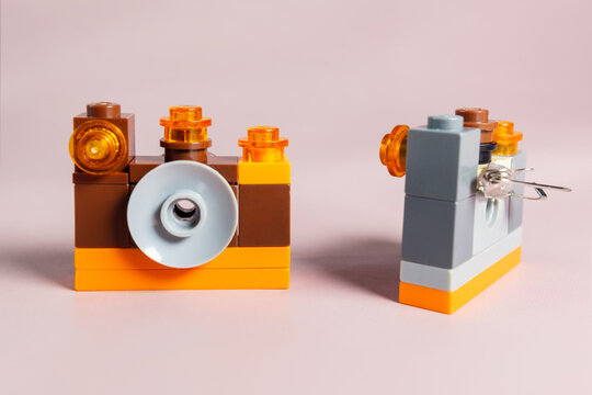 blocks camera made of building blocks, isolated on white. Concept of work, photography, photographer, photo, picture, dslr, compact camera, mirrorless.