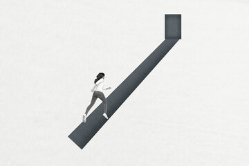 3d retro creative artwork collage of lady running one way road route door isolated white color background