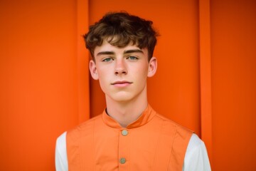 Close-up portrait photography of a tender boy in his 20s wearing a chic jumpsuit against a bright orange background. With generative AI technology