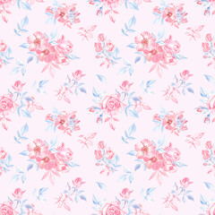 Fototapeta na wymiar Ditsy pattern with the pink roses and blue leaves on a baby pink background. Watercolor hand drawn elements; gentle design in retro style for baby clothing, home textile, wrapping paper